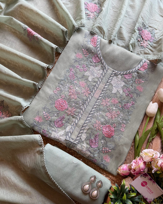 Coloured Lucknawi panel pastel mul chanderi suit set