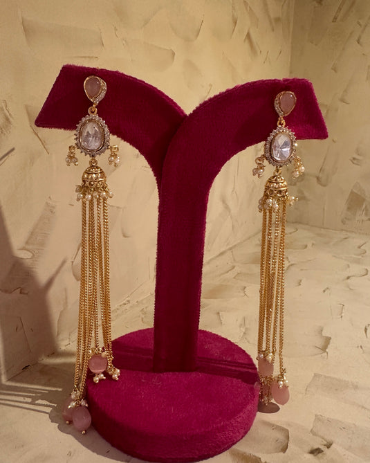 Strings Kundan work Kashmiri earrings with coloured droplets