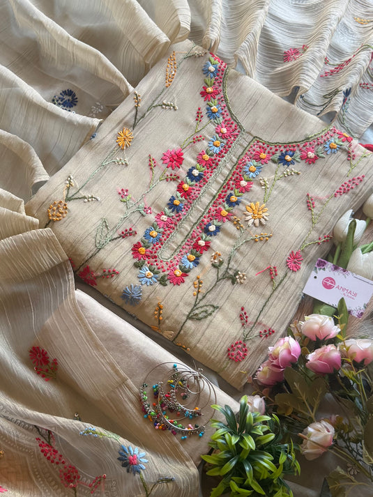 Crushed tissue shimmer French knot Kantha work suit set
