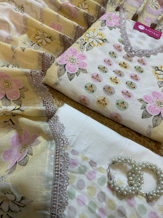 Soft shaded pallets pure linen floral suit set