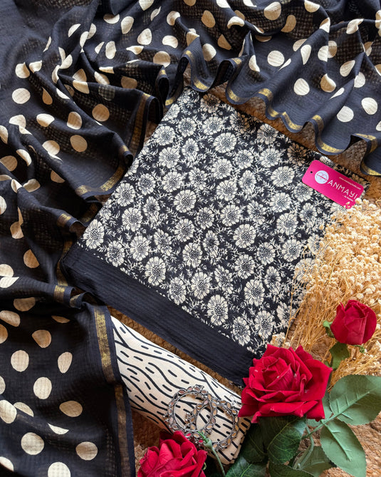 Printed Maheshwari cotton black beige suit set