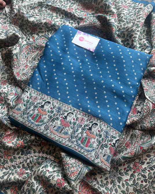 Madhubani bandhani fusion print pure Maheshwari silk suits