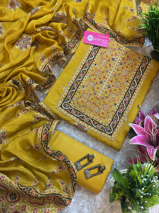 Ajrakh print raw silk suit with chinnon dupatta