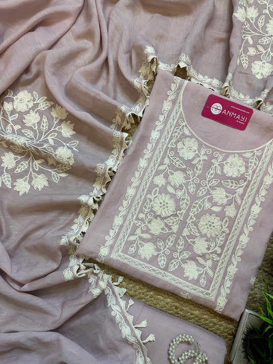 Pure linen Dori parsi work pastel pink suit with crochet hangings