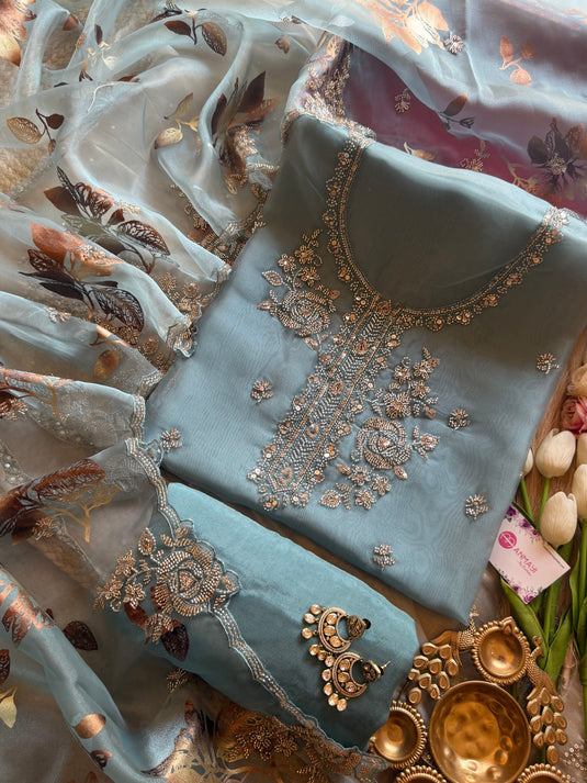 Organza beads work suit set with foil print dupatta