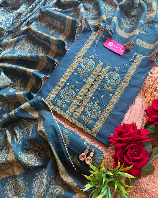 Cambric cotton festive suit set with highlights flower neck