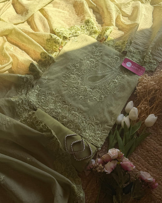 Self Parsi Work ambi work mul chanderi suit set