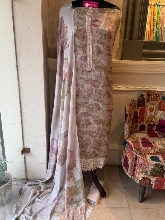 Digital fine muslin organza work border suit set