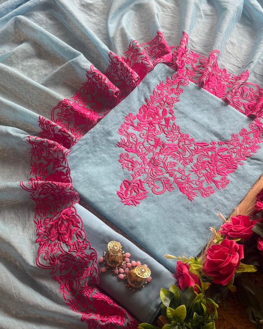 Parsi work embroidered soft mul chanderi suit set