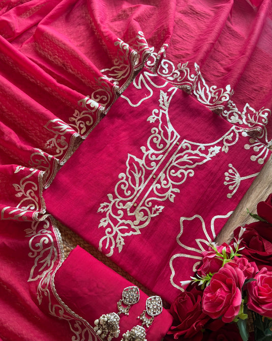 Leather work festive Mul Chanderi suit set