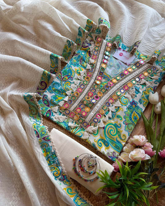 Arabic print mirror neck cotton suit set with cotton dupatta