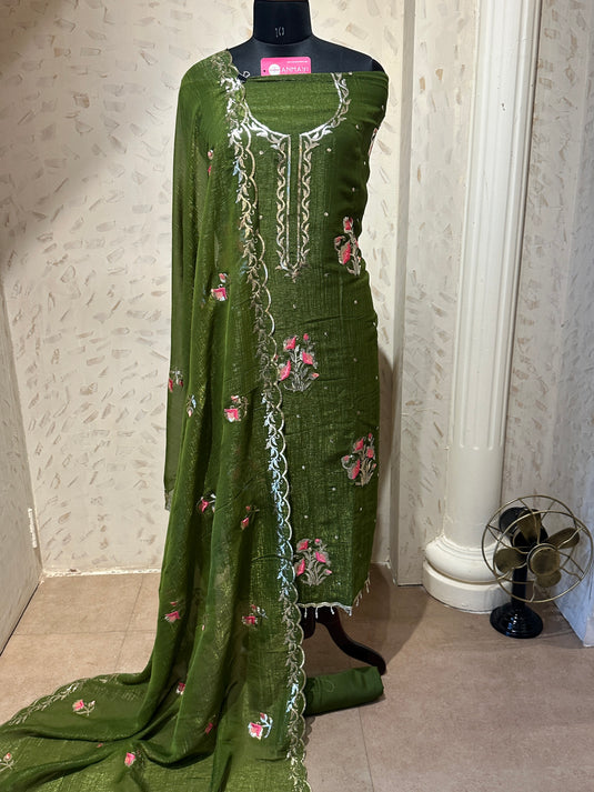 Crushed tissue artificial silk garden embroidered festive suit set