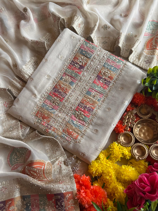 Ivory sabyasachi inspired pure tissue silk suit set