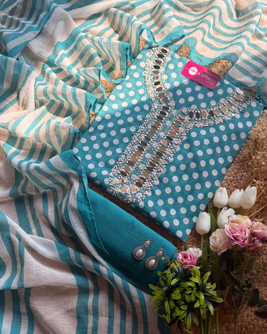 Mul cotton polka dots mirror work suit set