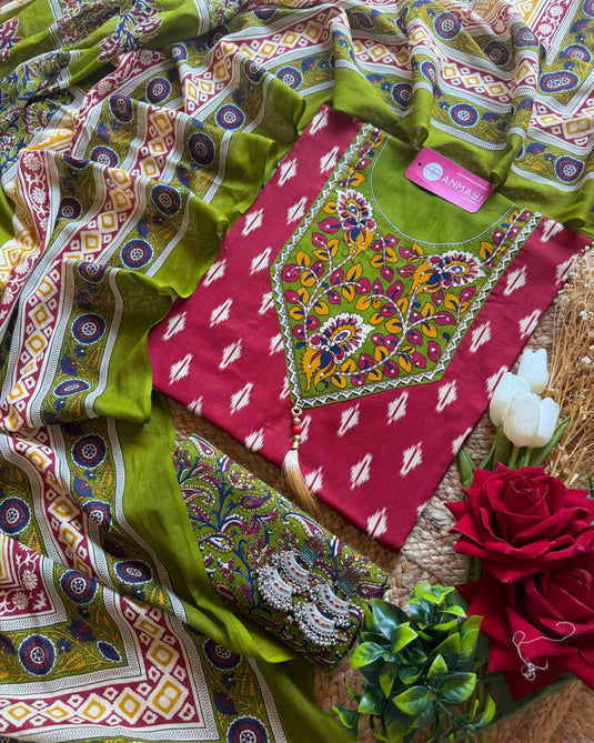 Patola print Cambric cotton suit with Kalamkari combination
