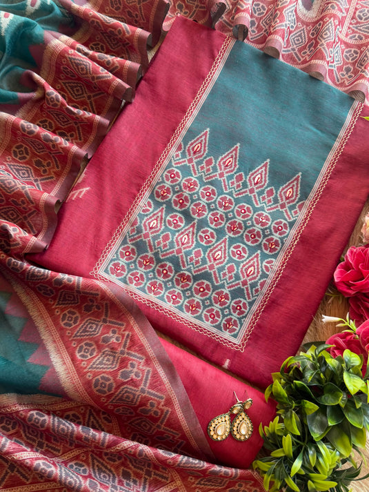 Chanderi silk boho print pita highlights suit set