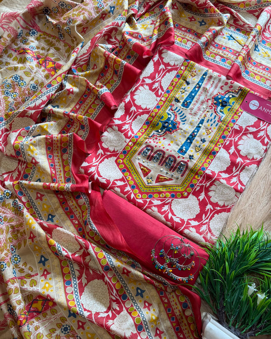 Soft jaam cotton printed kantha neck suit set