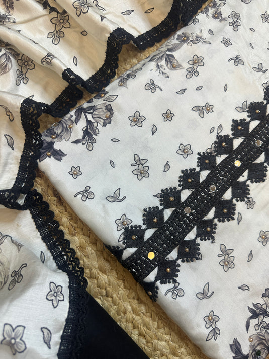 Pakistani black white combination semi stitched printed suit