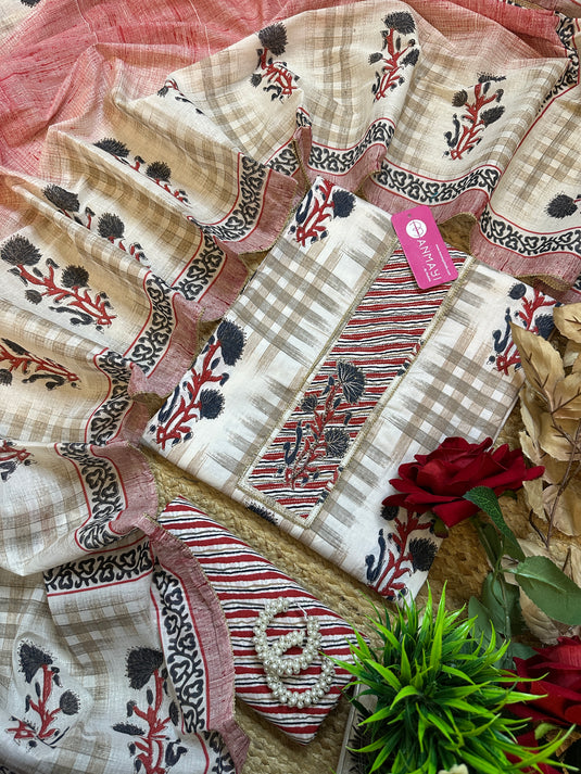 Block print red coffee fine cotton suit