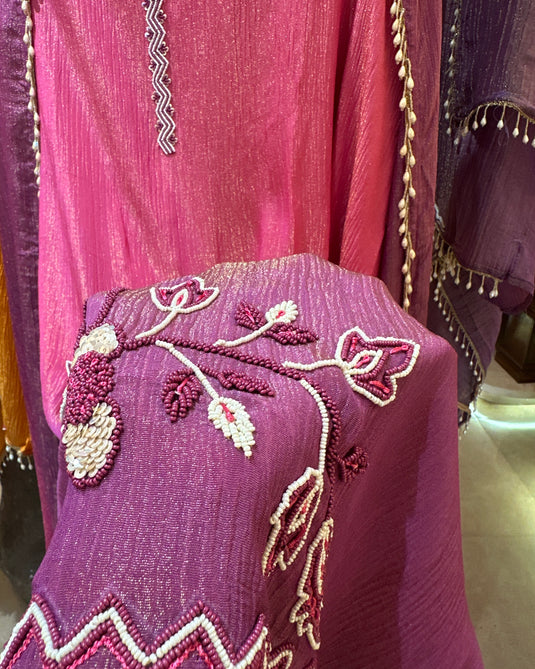 Crushed tissue ombré effect pearl embroidered suit set with tassel lace