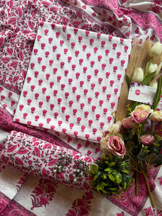 Petals block print white pink fine Cambric cotton suit set