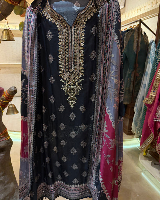 Persian print embroidered neck pure crepe suits