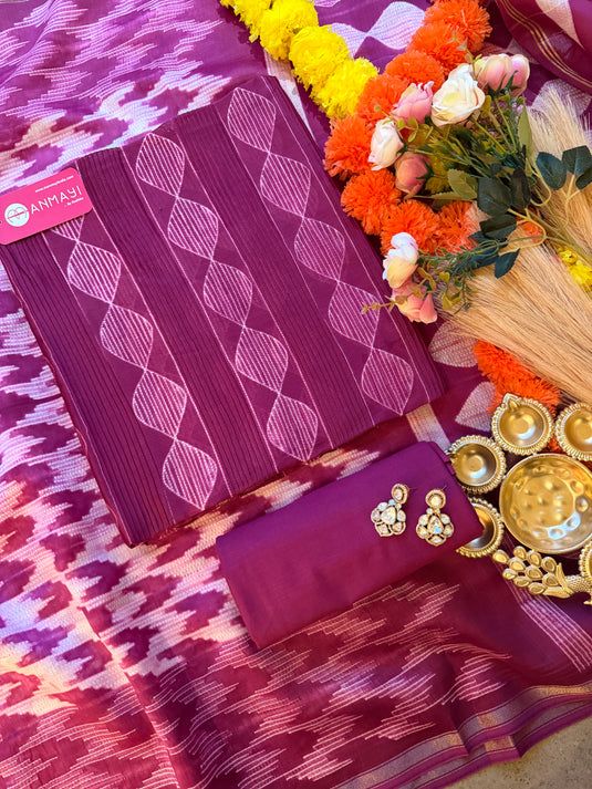 Shibori print pure mul chanderi suit set with pintex details