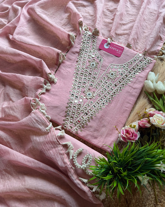 Crochet mirror neck Mul Chanderi suit set