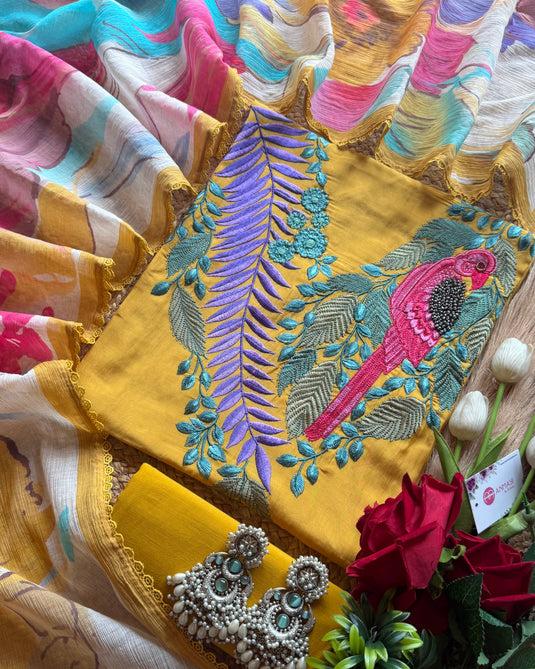 Embroidered Mul cotton suit with digital patterned georgette dupatta