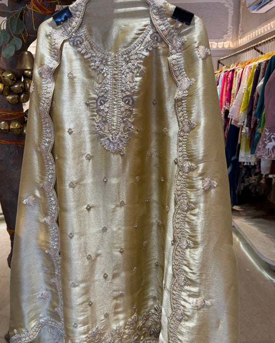 Gold hand embroidered Kanjivaram silk suit set