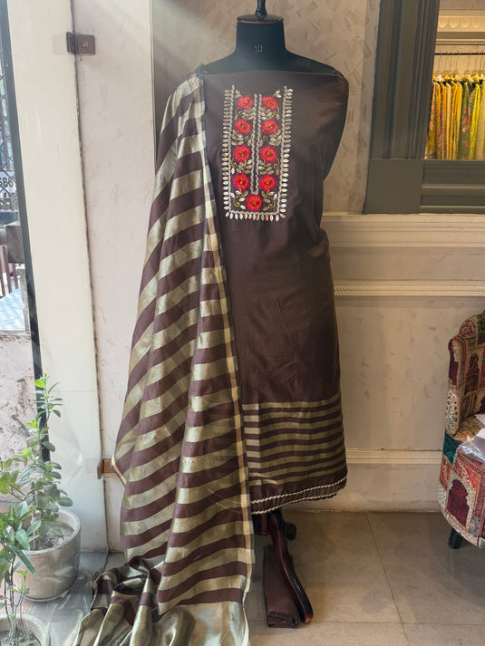 Chanderi bright pita neck suit with Banarasi border