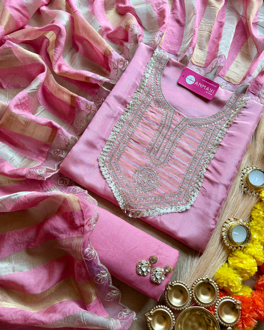 Shimmer silk kurta neck suit set with banarasi dupatta