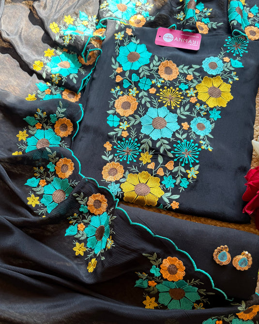 Georgette floral garden embroidered black suit set