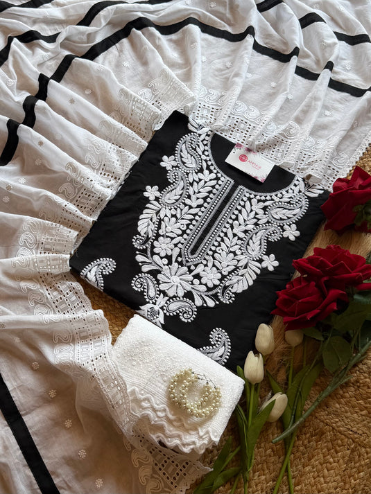Chikankari neck cotton suit set with Hakooba bottom and dupatta