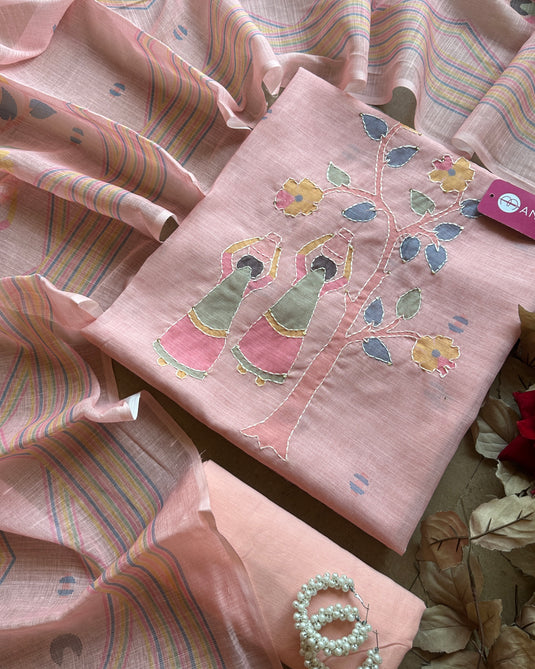 Village theme linen suits with Kantha work with cotton bottom