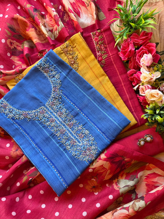 Fine Tussar silk suits with Kantha work and digital polka dots dupatta