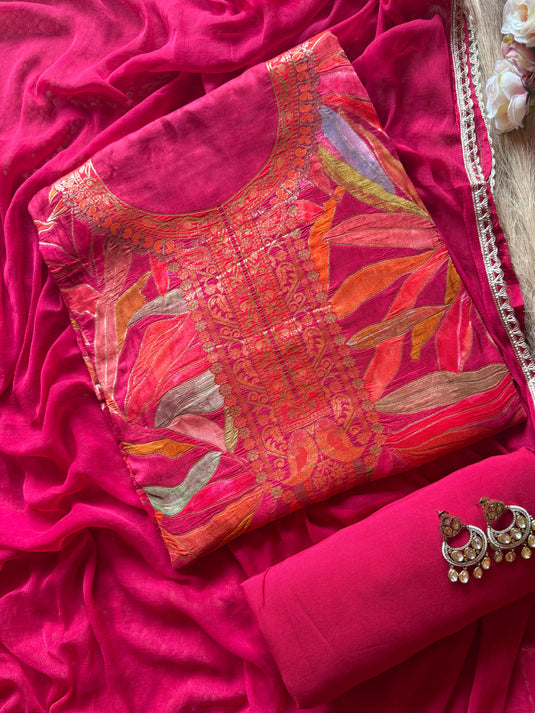Dolla Silk coloured leaf suit set with chiffon dupatta