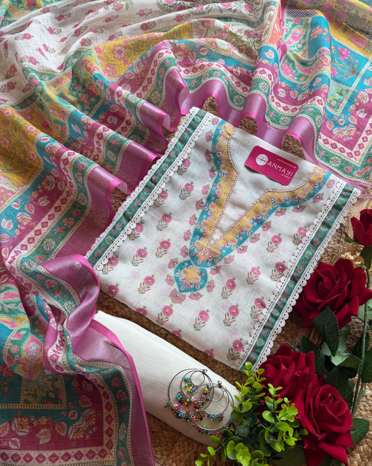 Pakistani pearl details flower linen suit set
