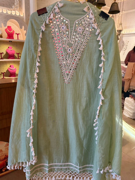 Crochet mirror neck Mul Chanderi suit set