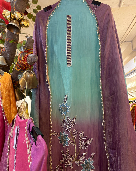Crushed tissue ombré effect pearl embroidered suit set with tassel lace