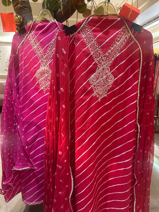 Lehria v neck cotton suit with pure chiffon Bandhani dupatta
