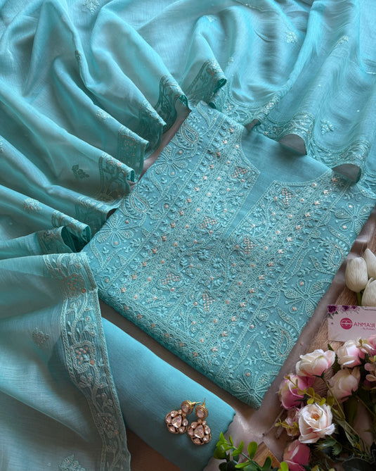 Chikankari work pure Mul Chanderi suit set