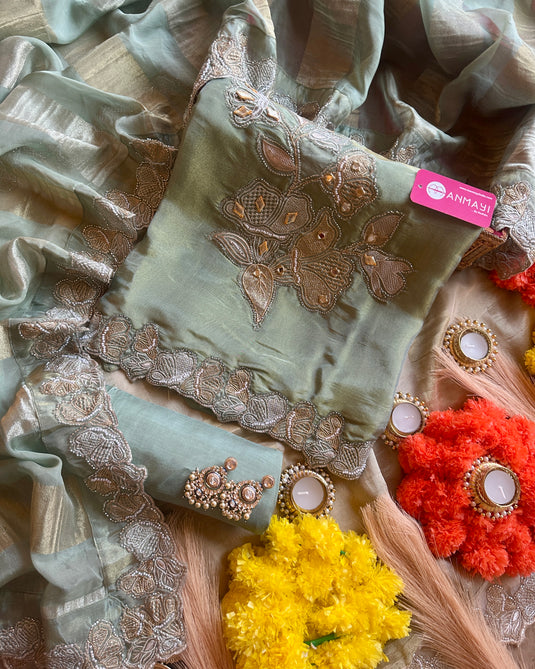 Shimmer silk suit set with banarasi layer dupatta and pearl work details