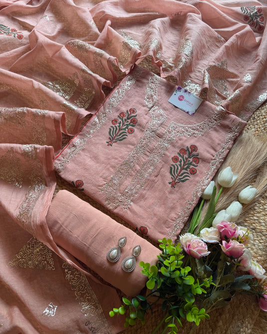 Mul Chanderi pita work block print suit set