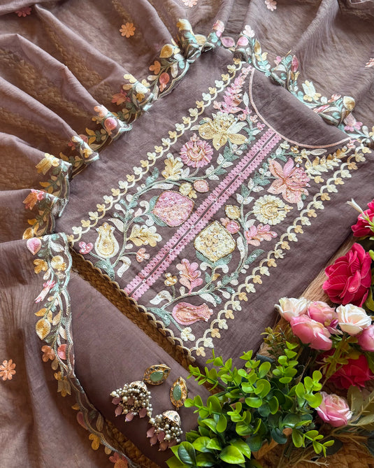 Coloured aari work mul chanderi suit set