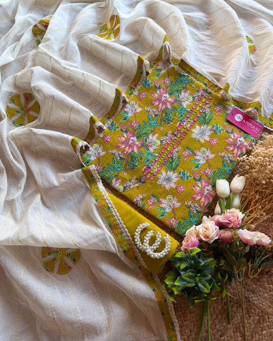Weaves cotton suit with mirror neck and patch work cotton dupatta