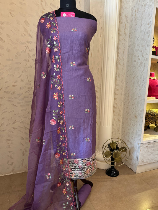 Crushed Silk crochet embroidered suit set with embroidered organza stole