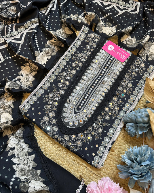 Real mirror work Pakistani muslin suit set