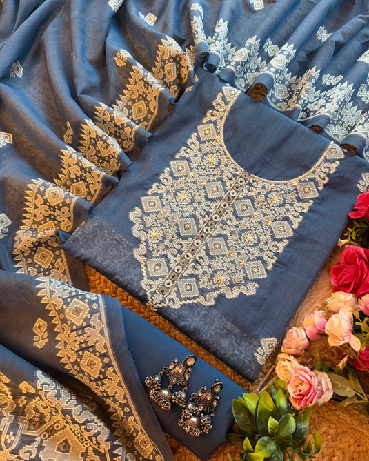 Jamdani work indigo cotton silk suit set