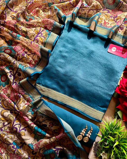 Pure Maheshwari silk south border suit set with kalamkari dupatta